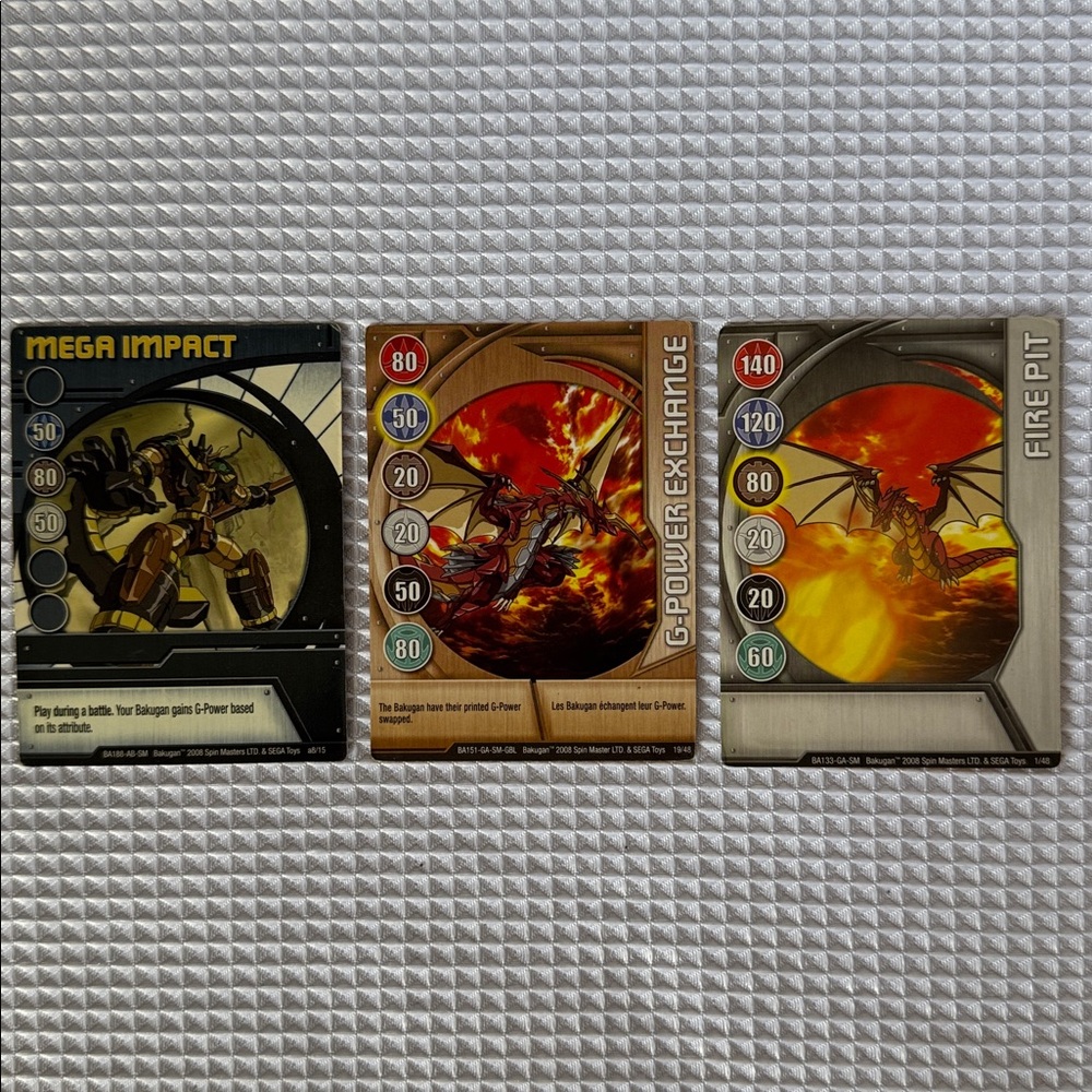 3 Game Bakugan Cards 1 Ability: MEGA IMPACT 2 Gate: G-Power Exchange, Fire Pit